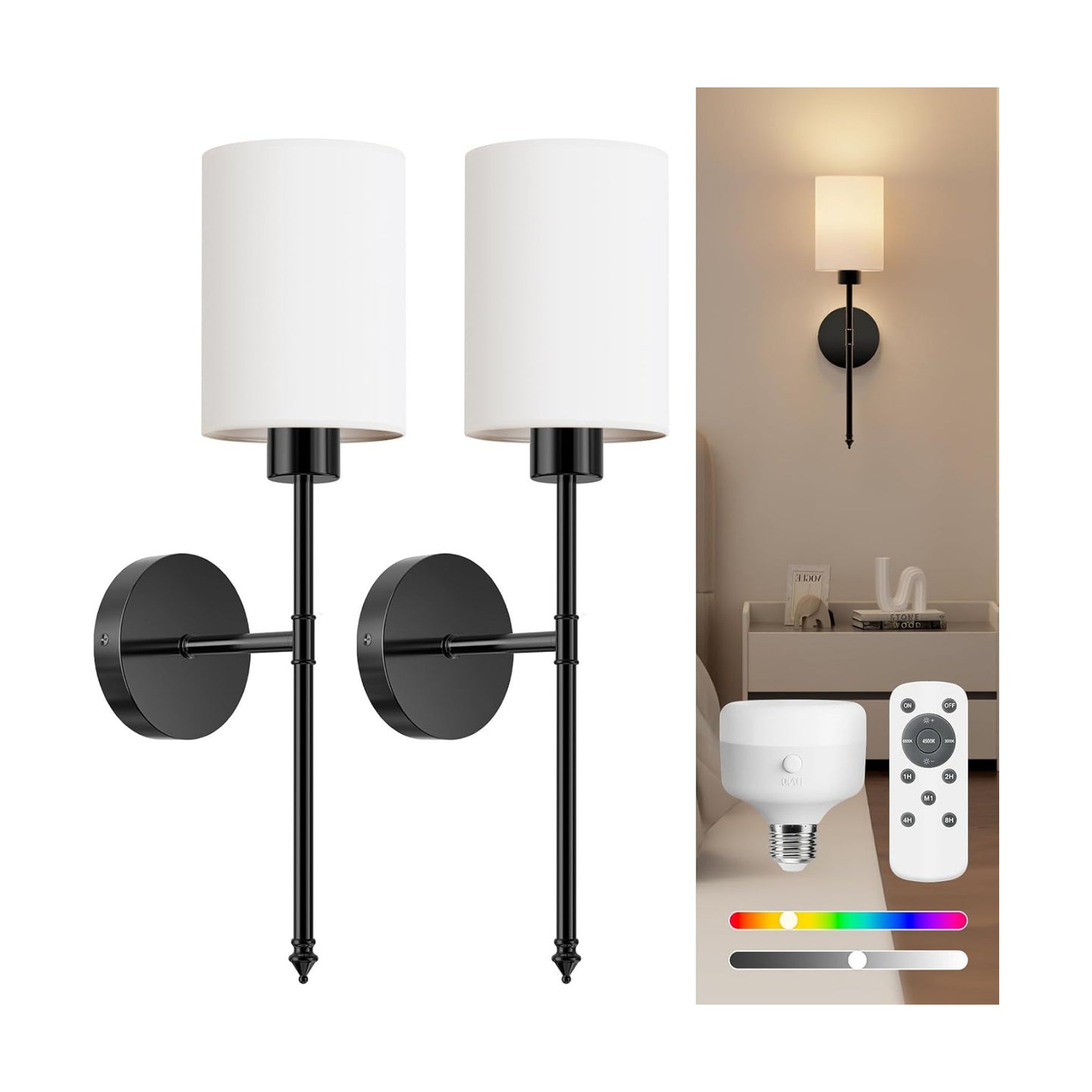 20.67 inch Battery Operated Wall Sconce Set of 2, Black Rechargeable Wall Lights with 10400mAh Dimmable Bulbs and