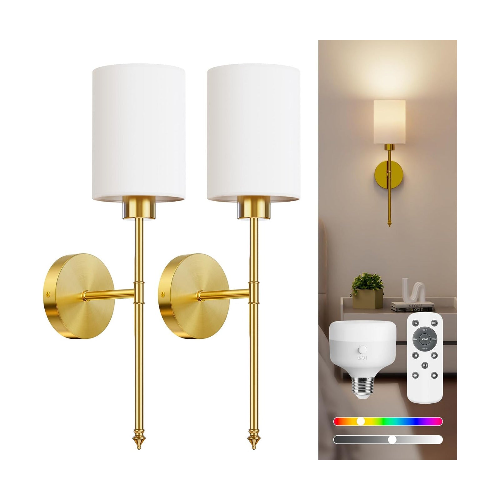 20.67 inch Battery Operated Wall Sconce Set of 2, Gold Rechargeable Wall Lights with 10400mAh Dimmable Bulbs and