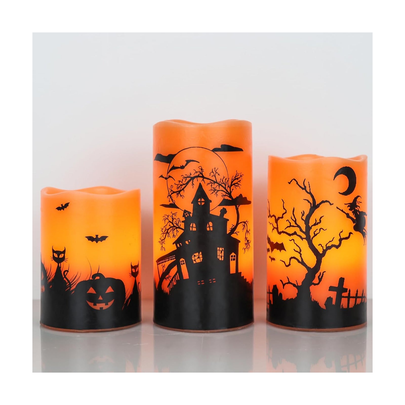 GenSwin Halloween Candles with Timer, Flickering Flameless Candles Battery Operated, 3 Pack Real Wax Pillar Candles for