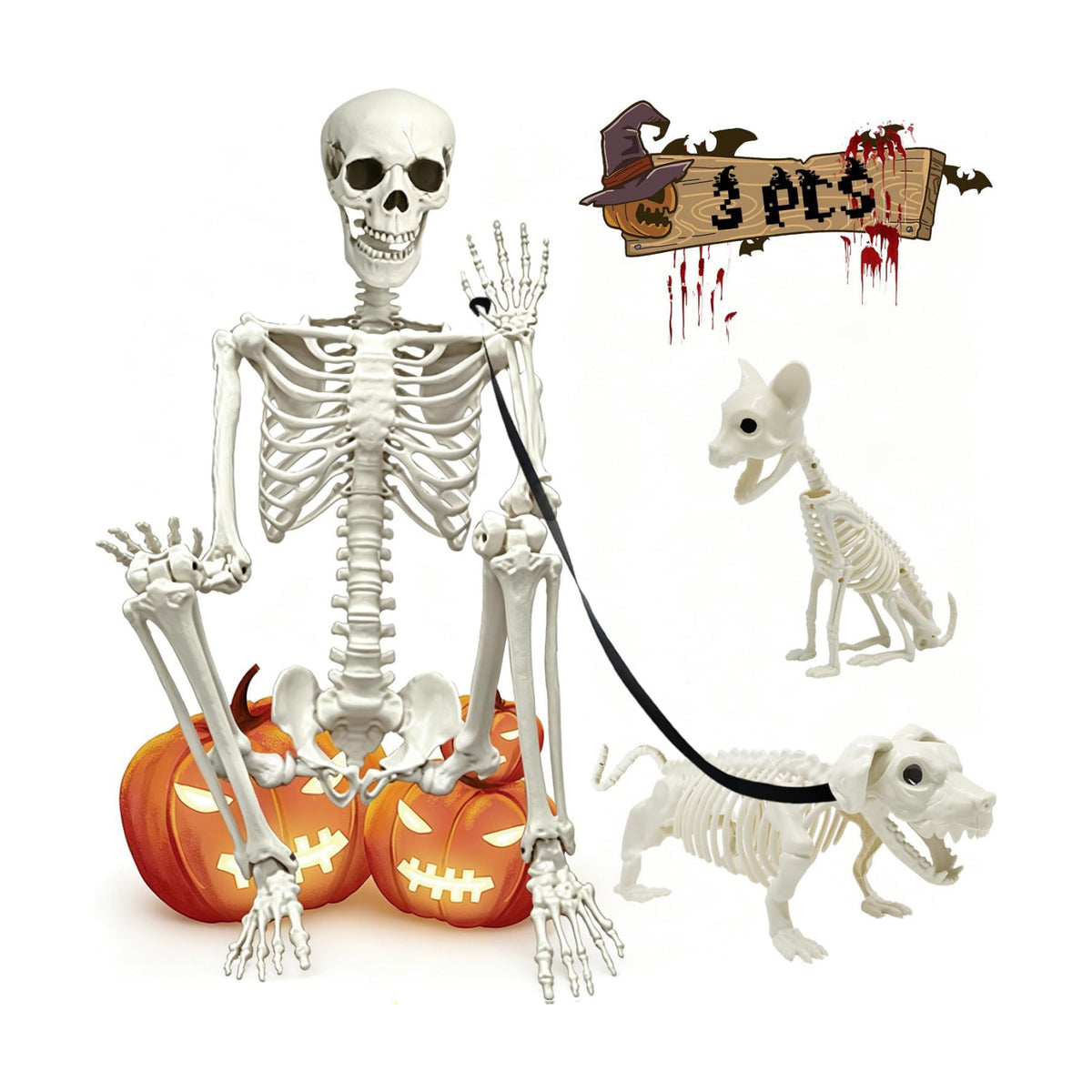 5.4Ft Posable Halloween Skeleton with Dog Cat Skeleton for Halloween Decor