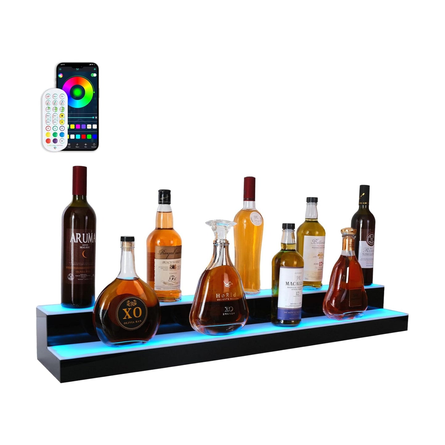 Led Lighted Liquor Bottle Display Shelf, 30 Inch 2 Tier Whiskey Rack, Support USB, Bar Stand with RF Remote & App