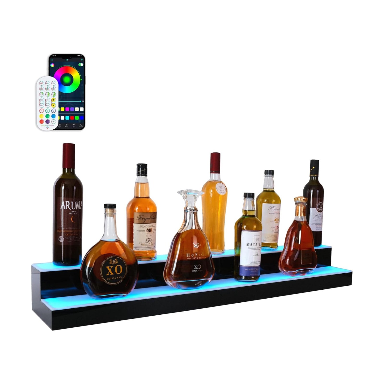 Led Lighted Liquor Bottle Display Shelf, 30 Inch 2 Tier Whiskey Rack, Support USB, Bar Stand with RF Remote & App