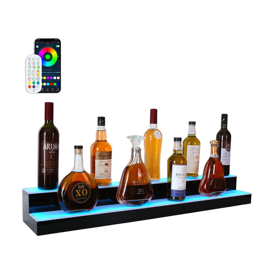 Led Lighted Liquor Bottle Display Shelf, 30 Inch 2 Tier Whiskey Rack, Support USB, Bar Stand with RF Remote & App