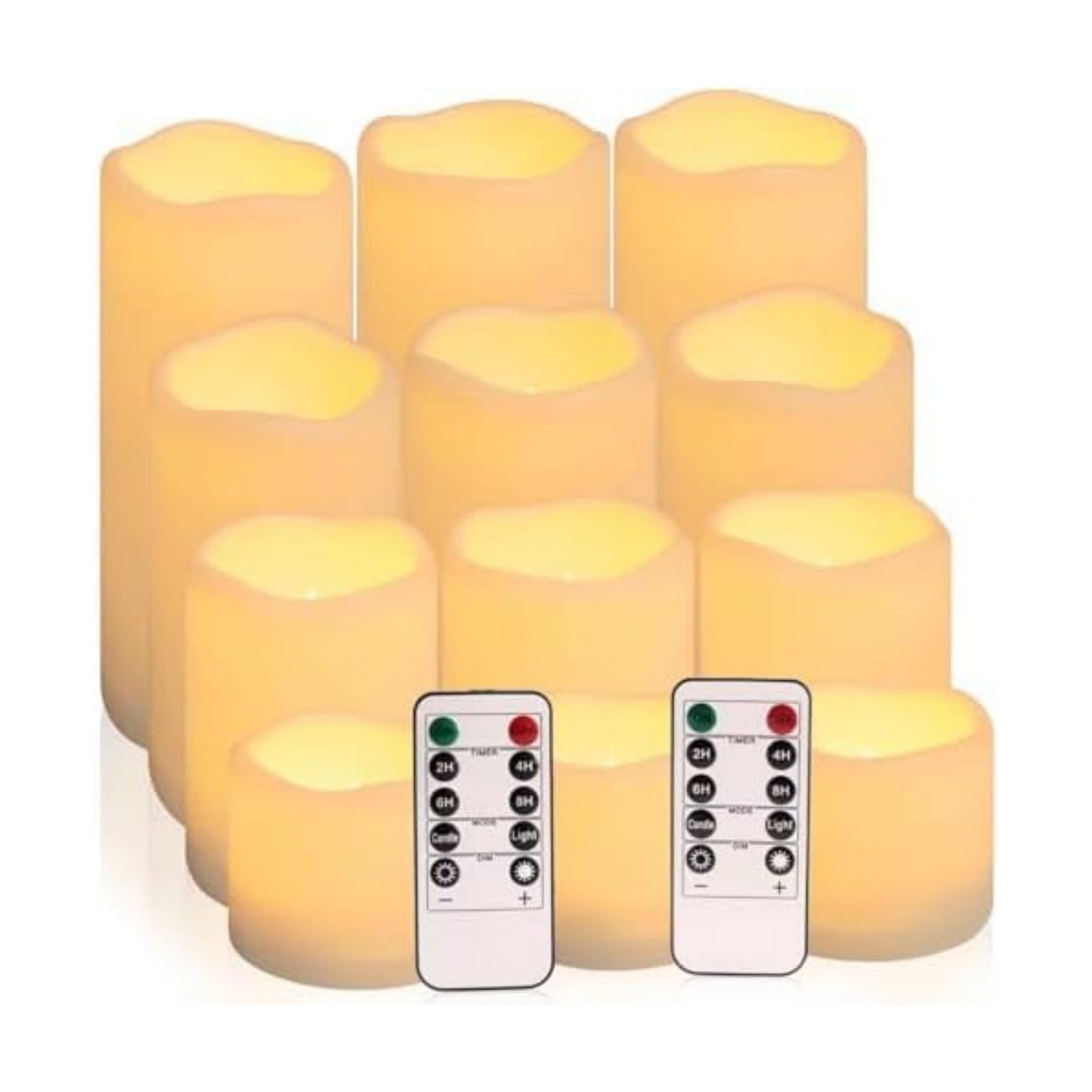 Flameless Battery Operated Outdoor Waterproof Set of 12(D: 3" x H: 3" 4" 5" 6") Pillar LED Candles with 10-Key Remote