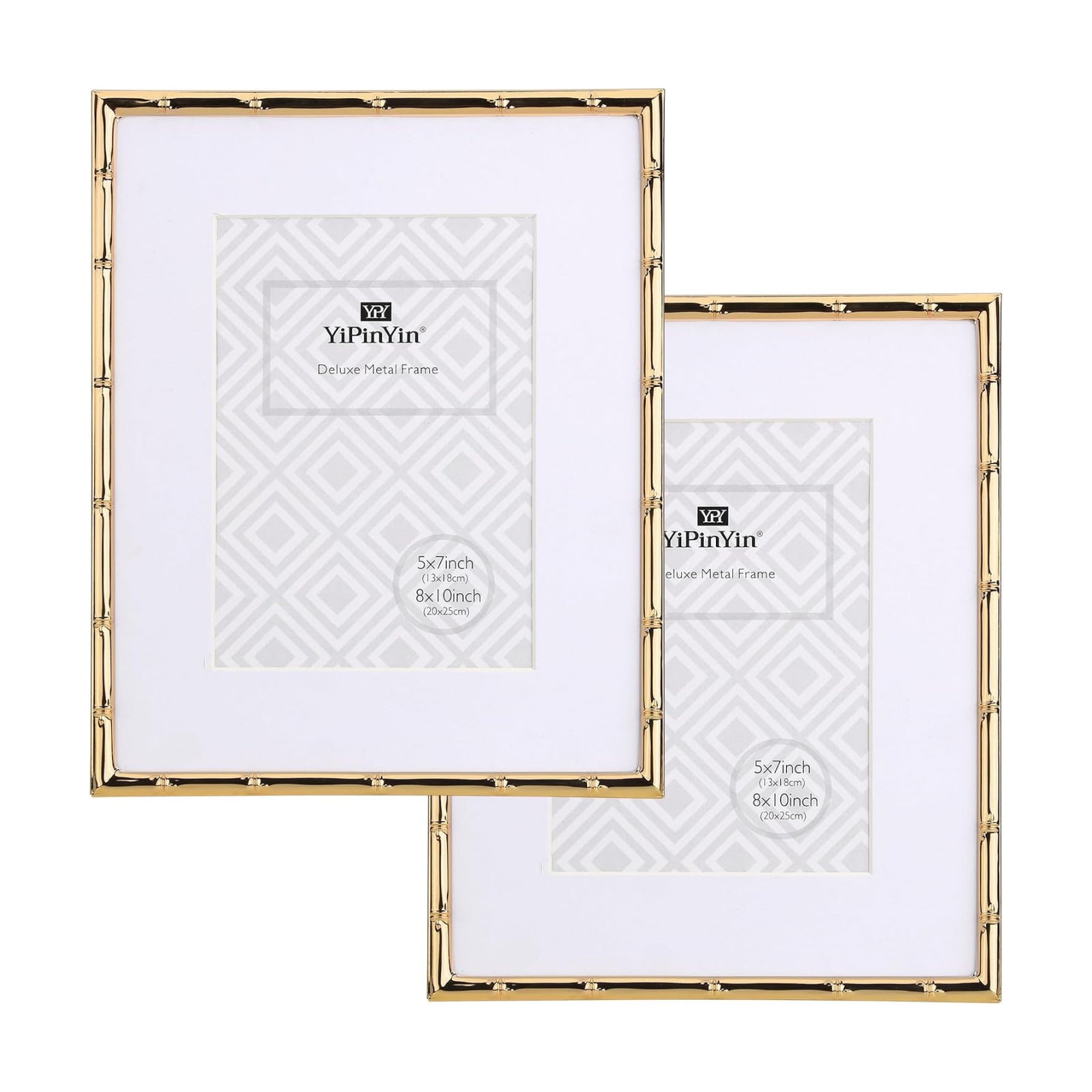 YiPinYin 8x10'' Bamboo Detail Gold Metal Picture Frame with Acid Free Mat for 5x7'' Set of 2,Narrow Gold Plated Photo
