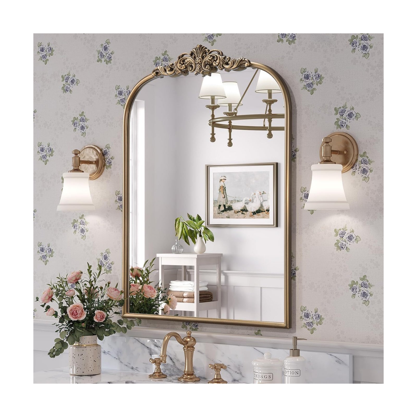 Vintage Vanity Mirror for Fireplace Mantel / Antique Gold / 32"L x 24"W / 24 x 32