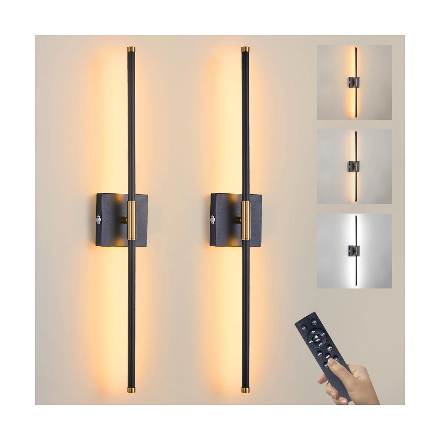 15800 mAh Battery Operated Wall Sconces with Remote Control Dimmable Wall Sconces Set of Two 3000K LED Black and Brass