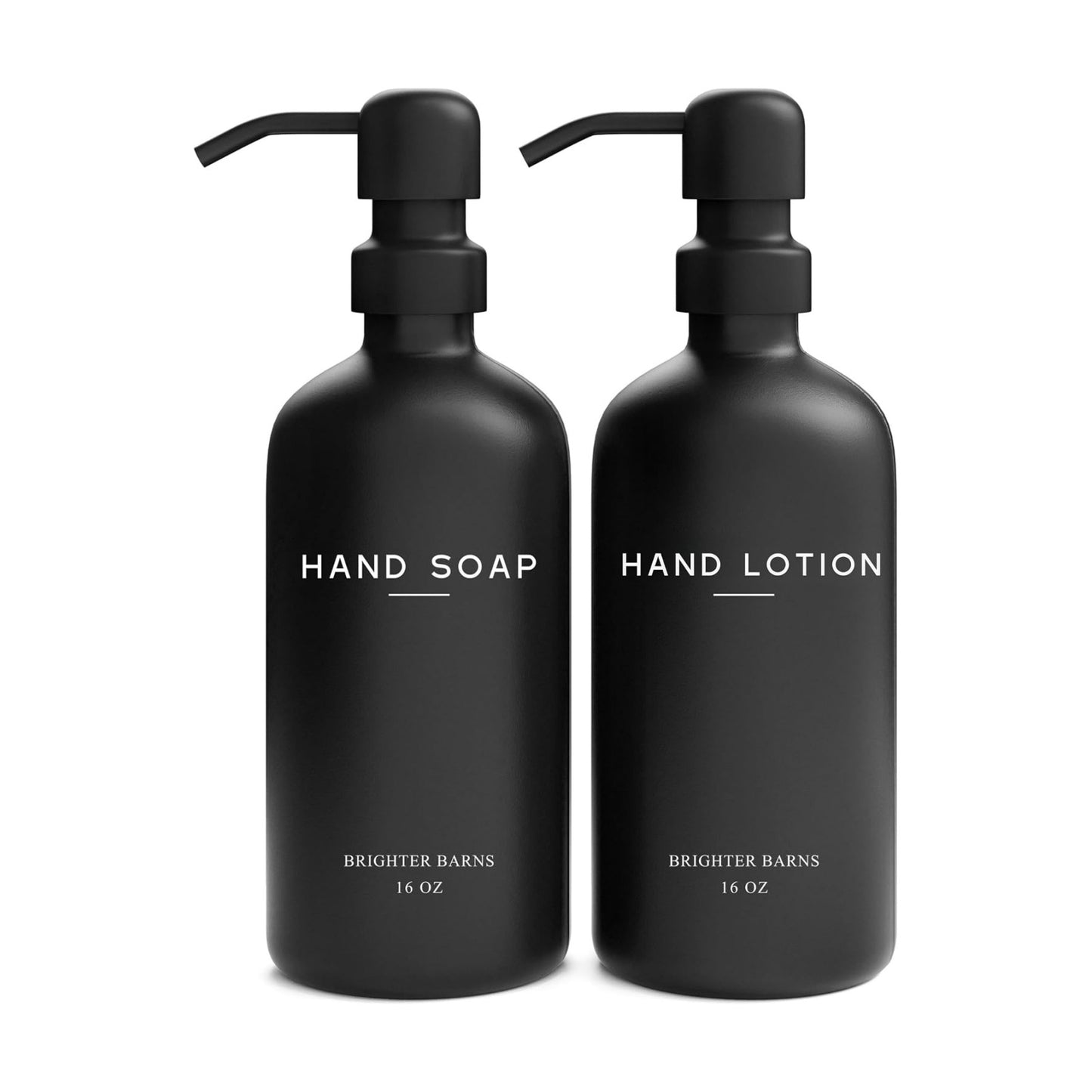 Black Glass Soap and Lotion Dispenser Set by Brighter Barns - Hand Soap Dispenser Bathroom Set - Bathroom Decor &