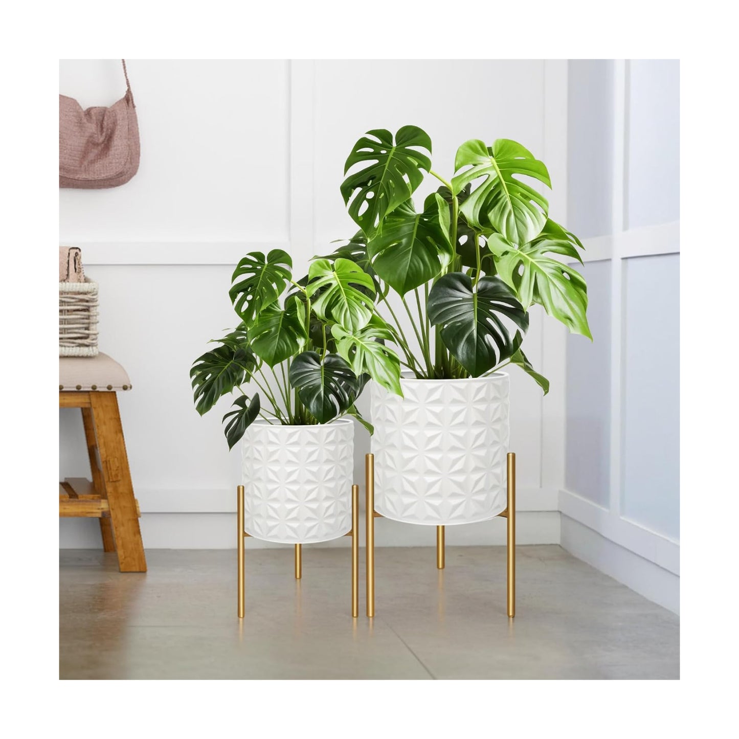 ARNIS Modern Planter Pots, Set of 2 Large Planters with Stand, Decorative Planters, Metal Pots with Drainage Holes for
