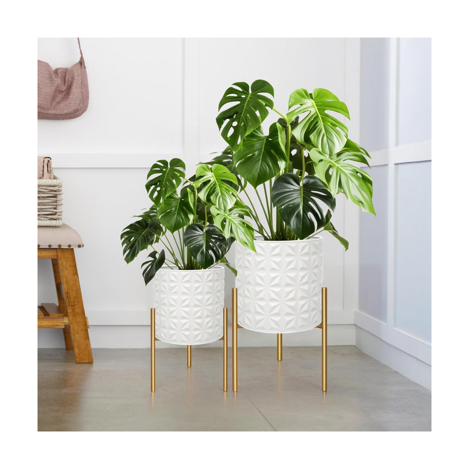 ARNIS Modern Planter Pots, Set of 2 Large Planters with Stand, Decorative Planters, Metal Pots with Drainage Holes for