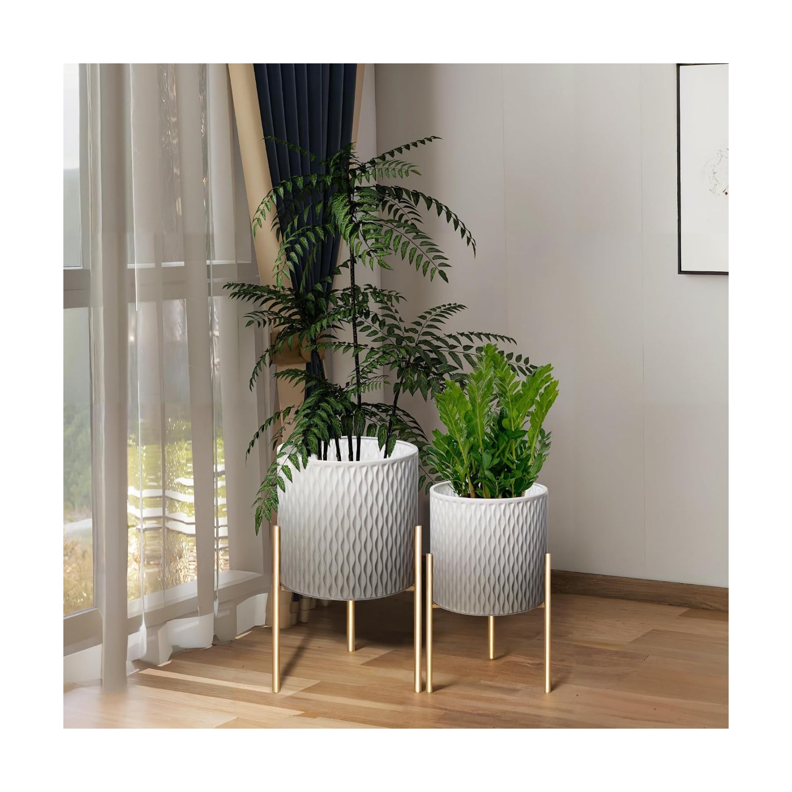 ARNIS Plants Pots with Stand,Set of 2 Flower Pots, Unique Mid Century Decorative Metal Flower Pots with