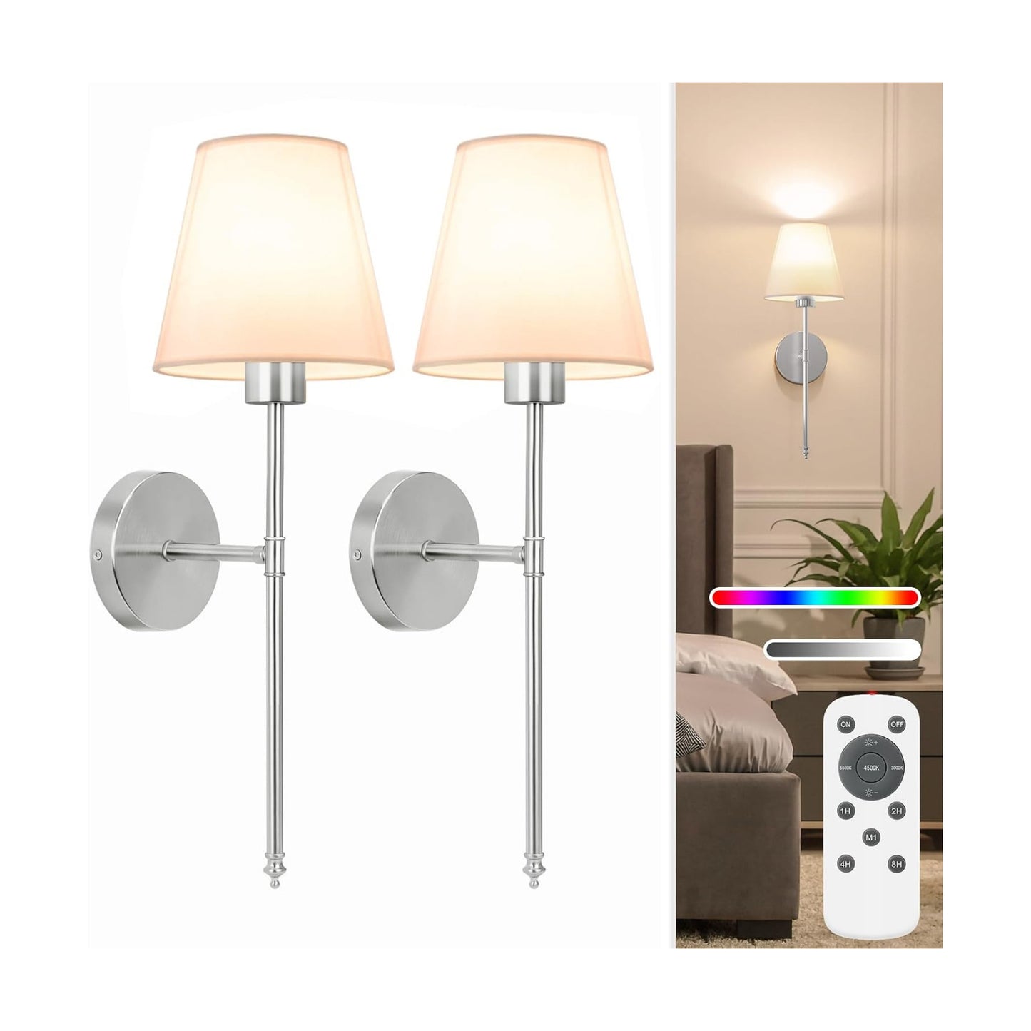 19.9 inch Battery Operated Wall Sconce Set of 2,Brushed Nickel Rechargeable Wall Lights with 10400mAh Dimmable