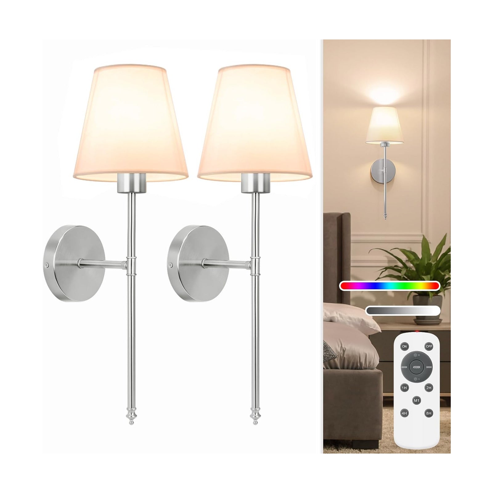 19.9 inch Battery Operated Wall Sconce Set of 2,Brushed Nickel Rechargeable Wall Lights with 10400mAh Dimmable