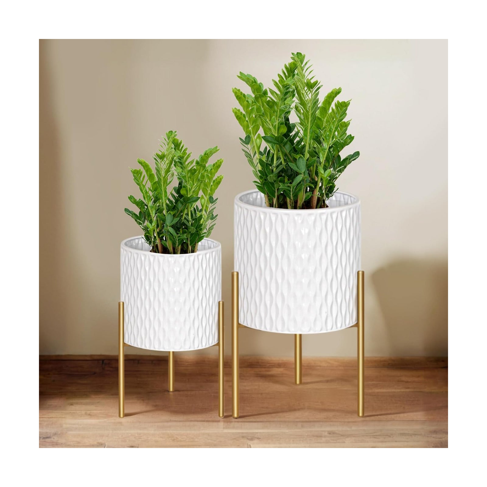 ARNIS Plants Pots with Stand, Set of 2 Planters, Unique Mid Century Decorative Metal Flower Pots with Drainage, 10.5 &