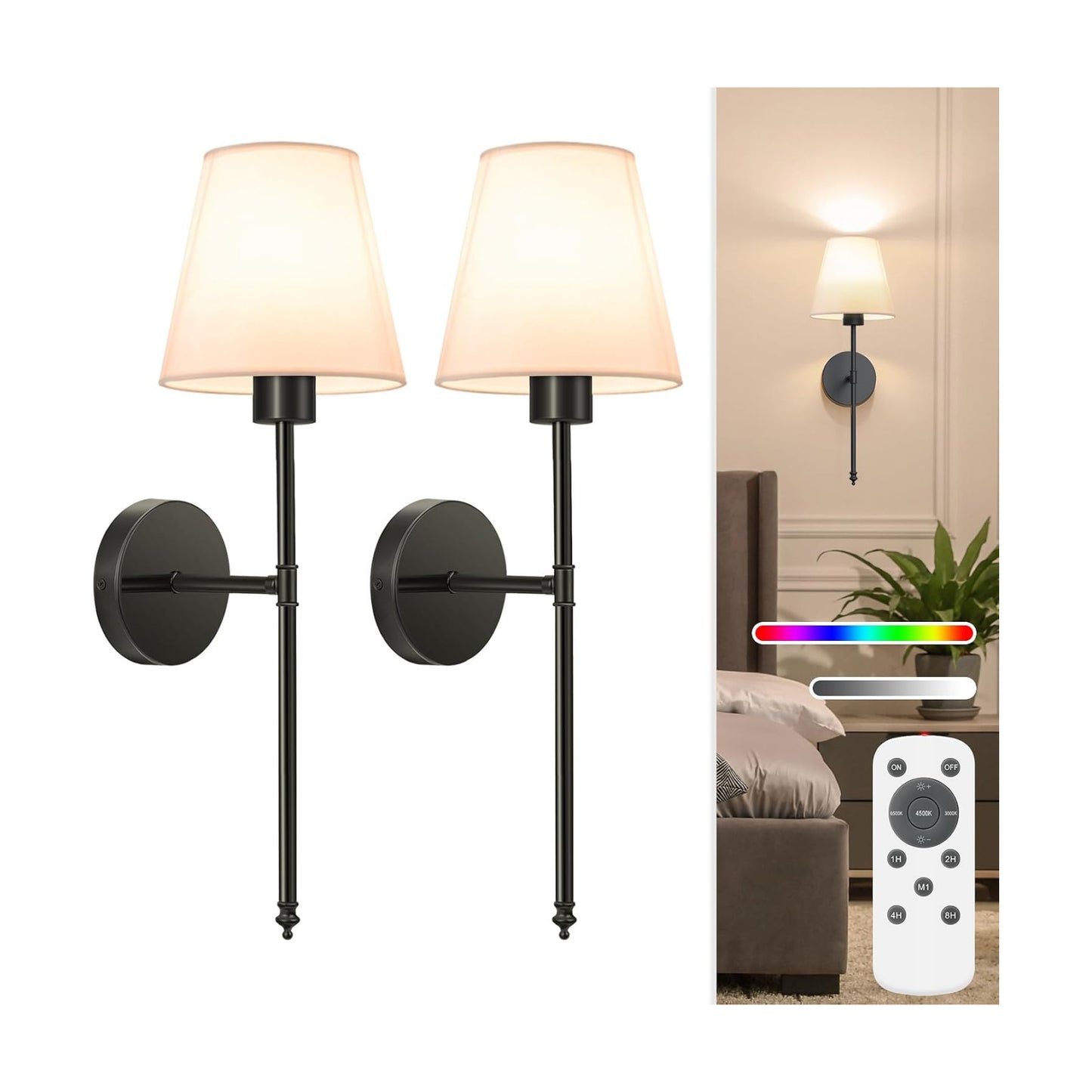 19.9 inch Battery Operated Wall Sconce Set of 2,Black Rechargeable Wall Lights with 10400mAh Dimmable Detachable Bulbs