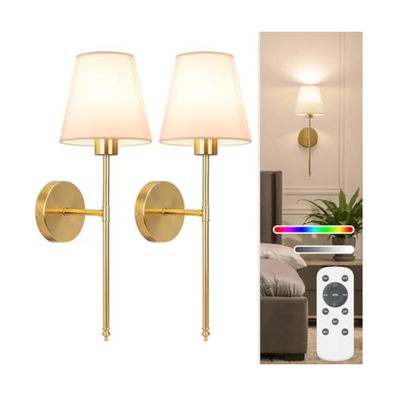 NIORSUN 19.9 inch Battery Operated Wall Sconce Set of 2,Gold Rechargeable Wall Lights with 10400mAh Dimmable Detachable