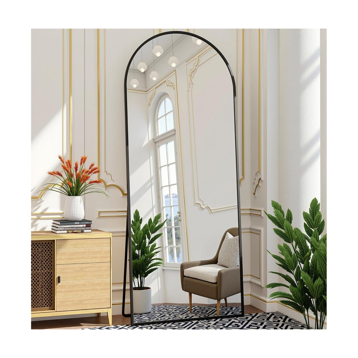 Prywot Arched Full Length Mirror Free Standing, 57"x20" Floor Mirror, Black