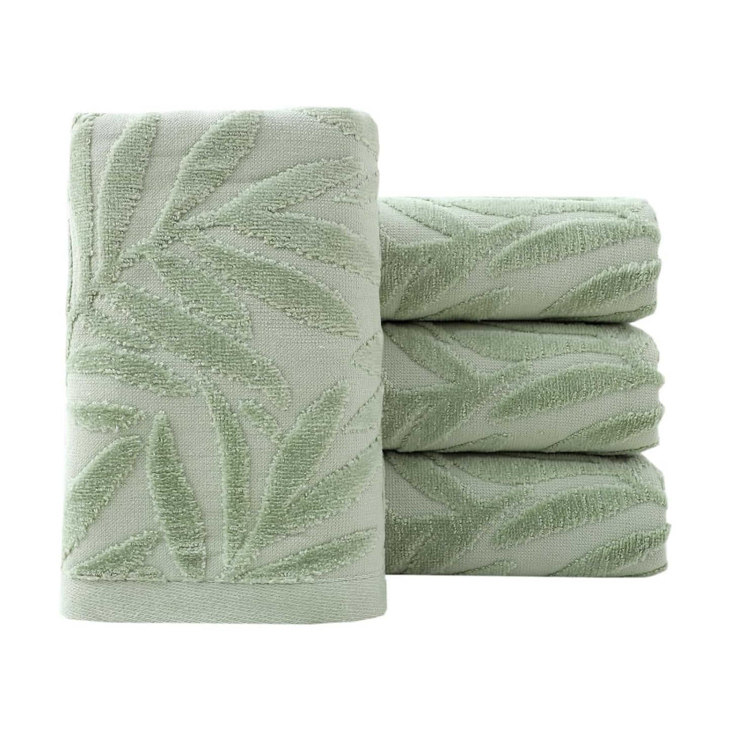 Hand Towels Set of 4 Leaf Pattern 100% Cotton Absorbent Soft Decorative Towel for Bathroom (Green)