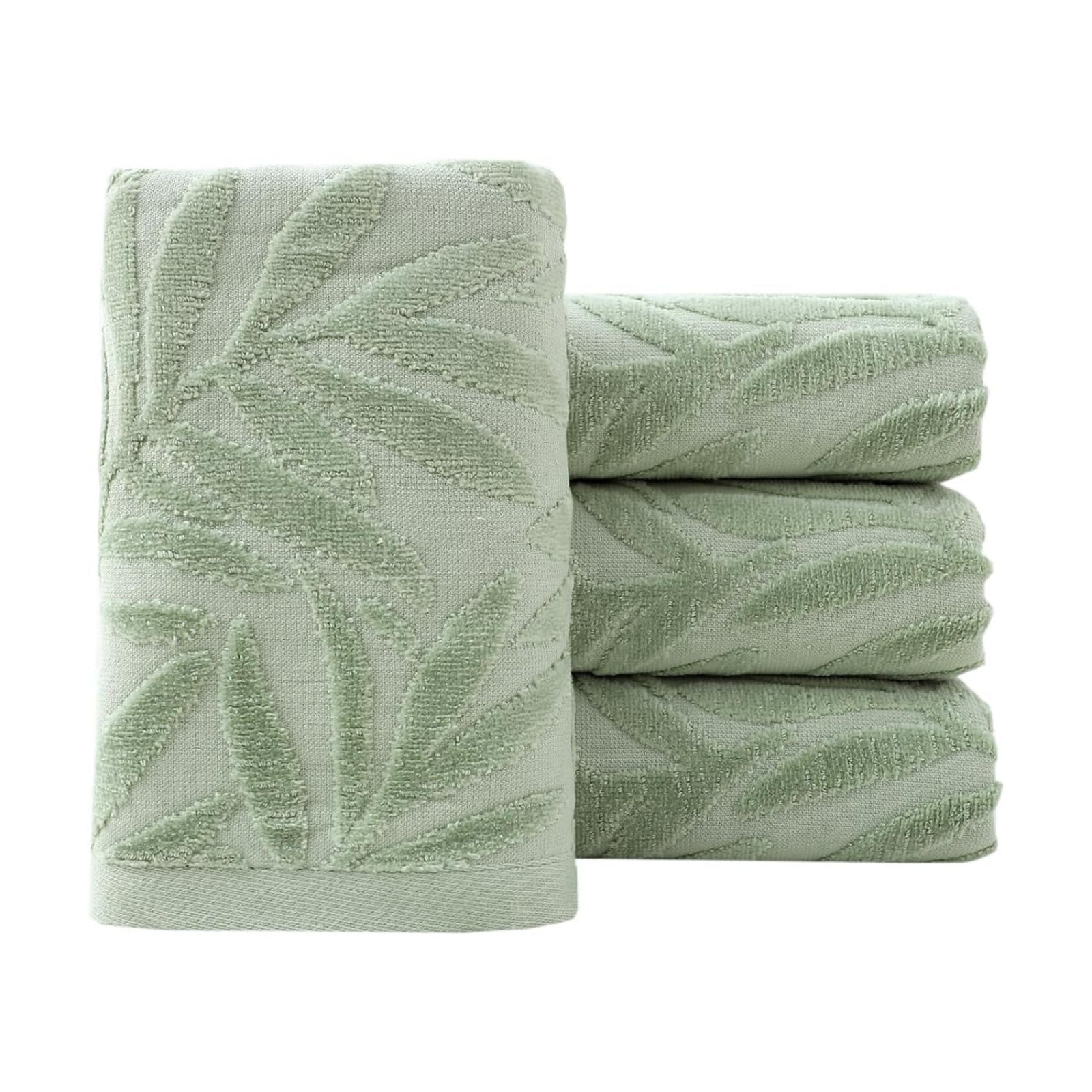 Hand Towels Set of 4 Leaf Pattern 100% Cotton Absorbent Soft Decorative Towel for Bathroom (Green)