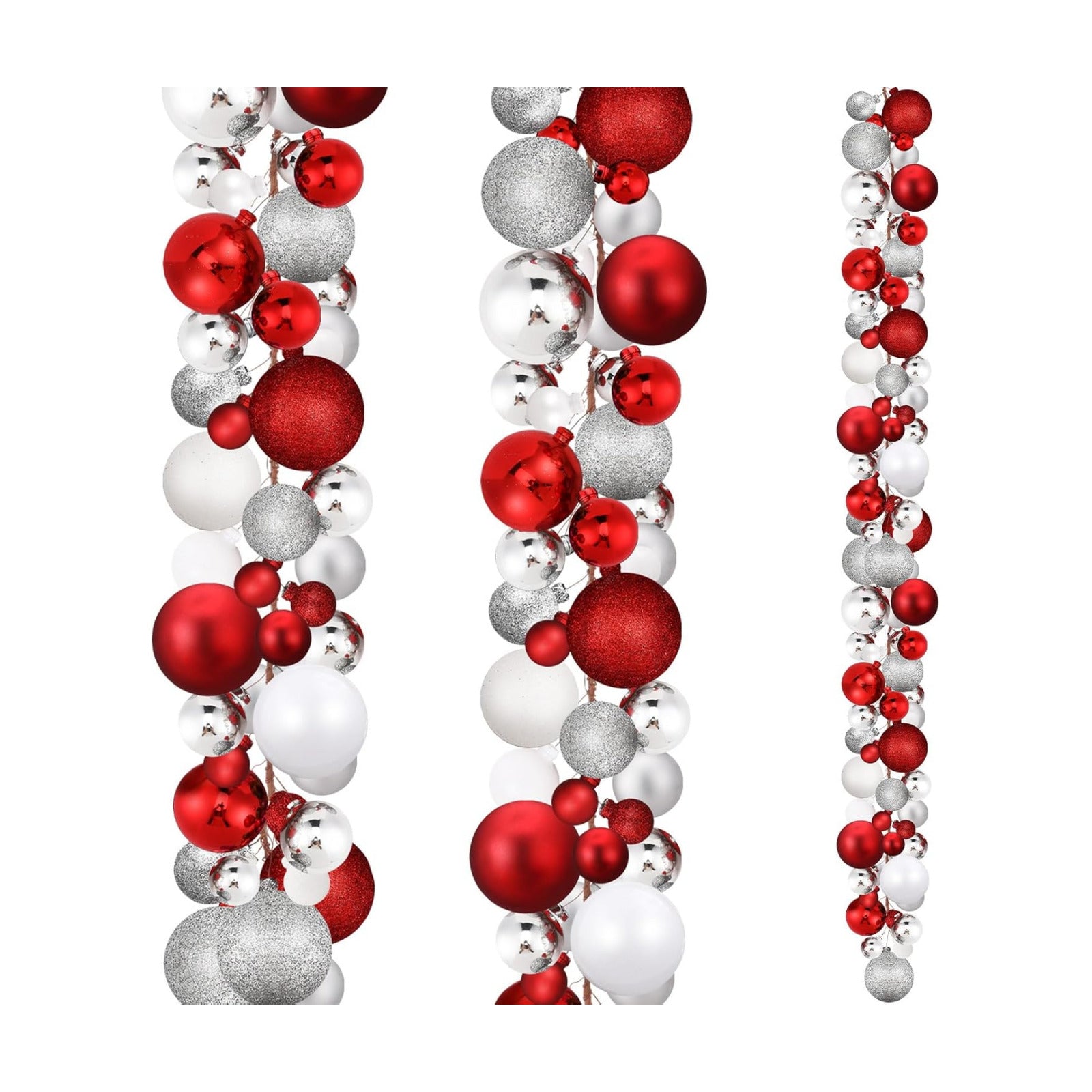 2 Pcs 6 ft Christmas Ball Ornament Garland, Red, White, Silver | Bauble Bulb Christmas Tree Ball Decoration