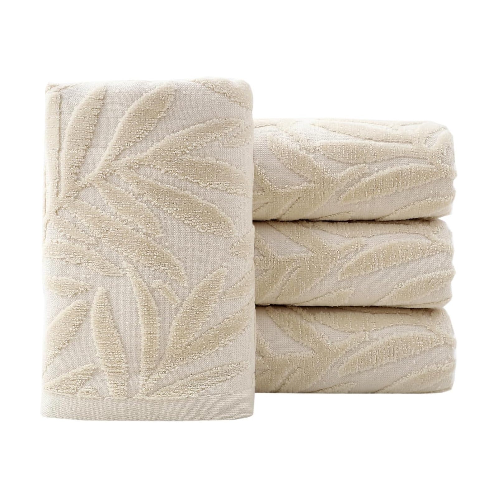 Hand Towels Set of 4 Leaf Pattern 100% Cotton Absorbent Soft Decorative Towel for Bathroom (Light Brown)