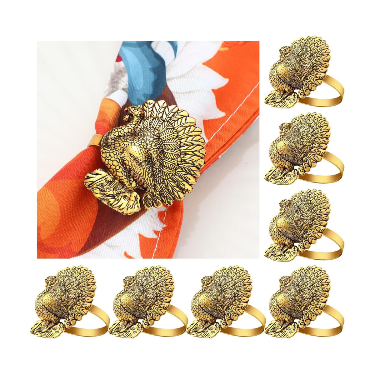 WILLBOND 12 Pcs Thanksgiving Turkey Napkin Rings Bulk Metal,Gold-Colored