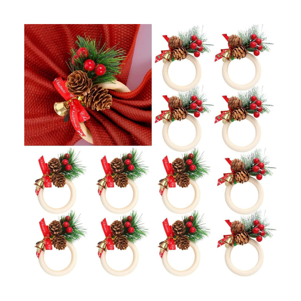 12 Pcs Christmas Napkin Rings Set, Xmas Pine Cones Poinsettia Wooden Napkin Ring Holders,Handmade Rustic Style Napkin Decoration for Christmas Banquet Dinner Wedding Birthday Table Decor