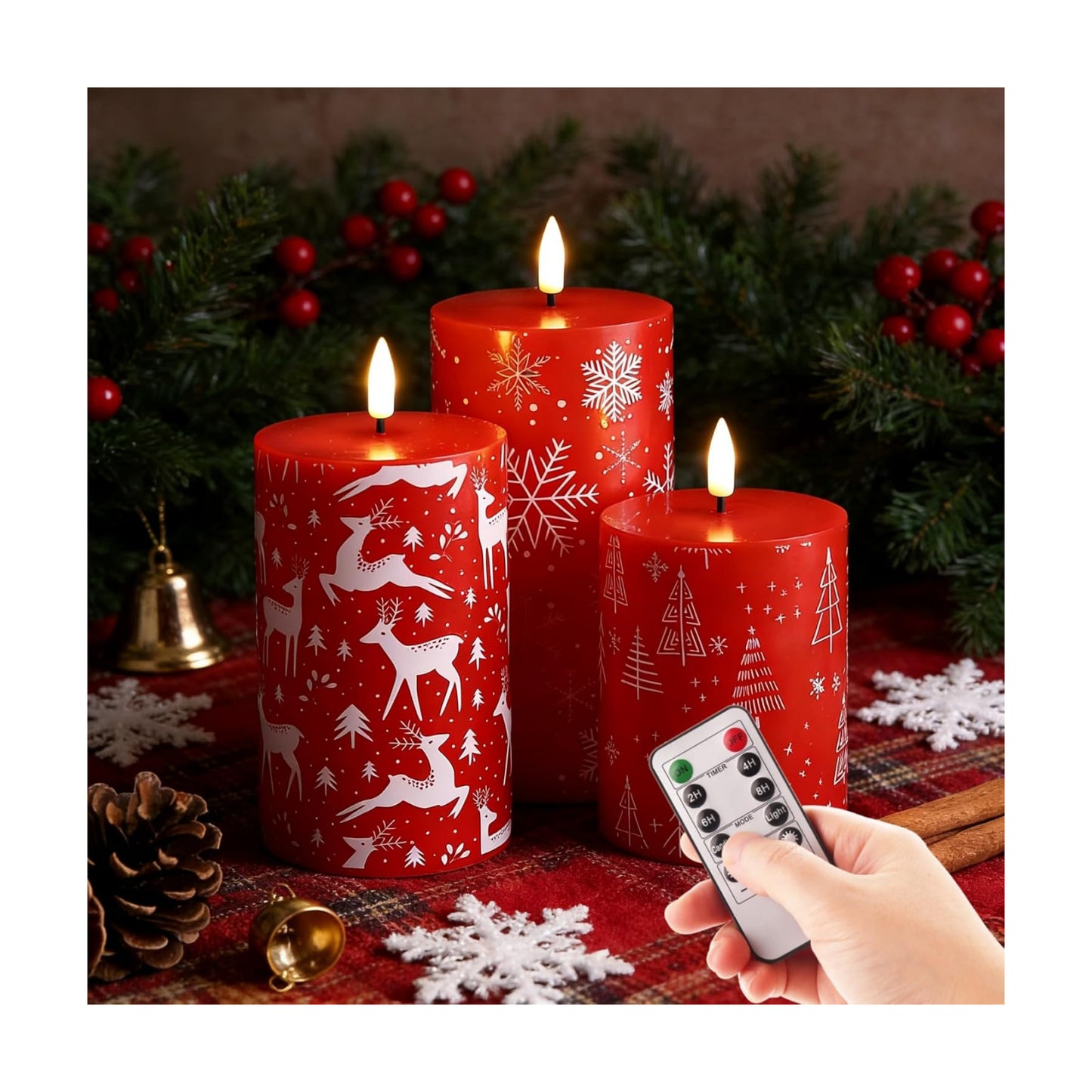 Red Deer Snowflakes Christmas Tree LED Pillar Candles with Remote Set of 3 | Flickering Flameless Wax Candles, Flat