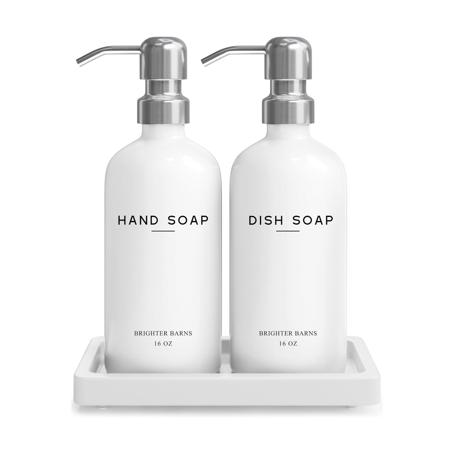 White Glass Hand and Dish Soap Dispenser Set by Brighter Barns - Kitchen Soap Dispenser Set with Tray & Pump for