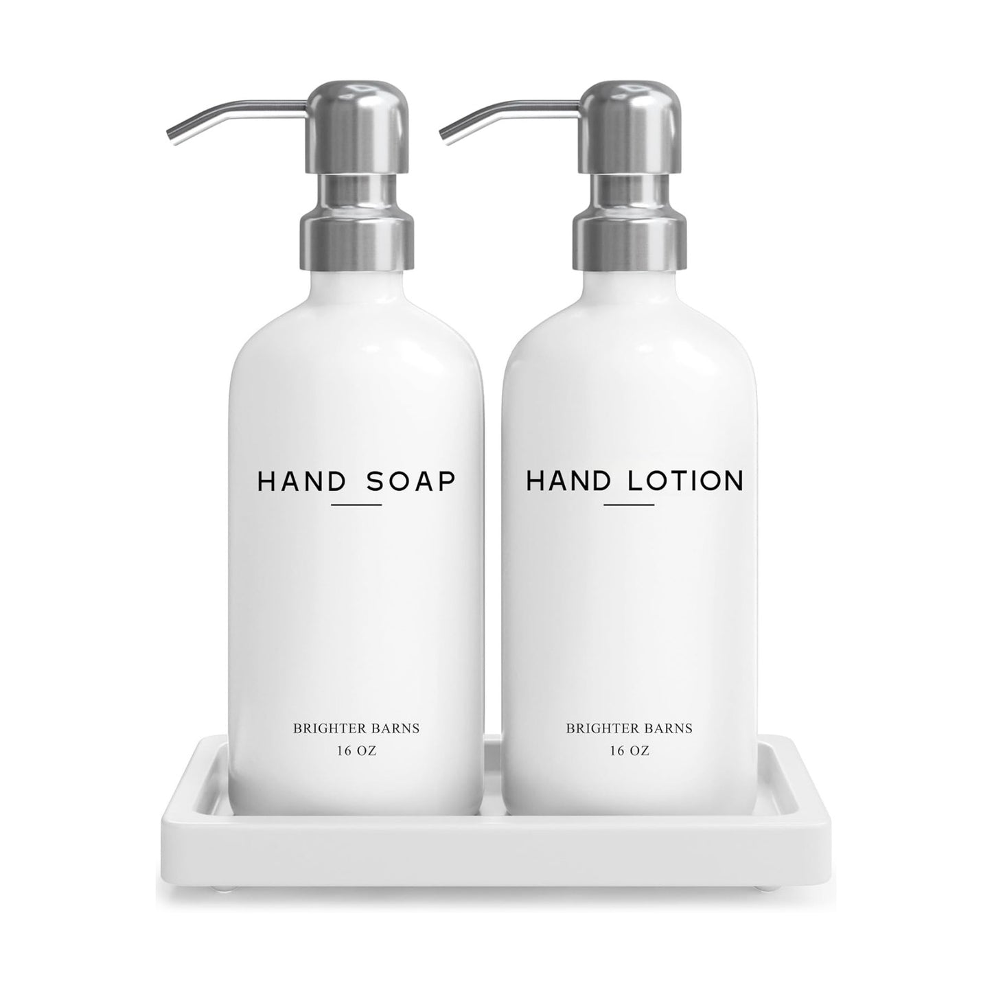 White Glass Soap and Lotion Dispenser Set by Brighter Barns - Bathroom Soap Dispenser Set Tray - Liquid Hand Soap