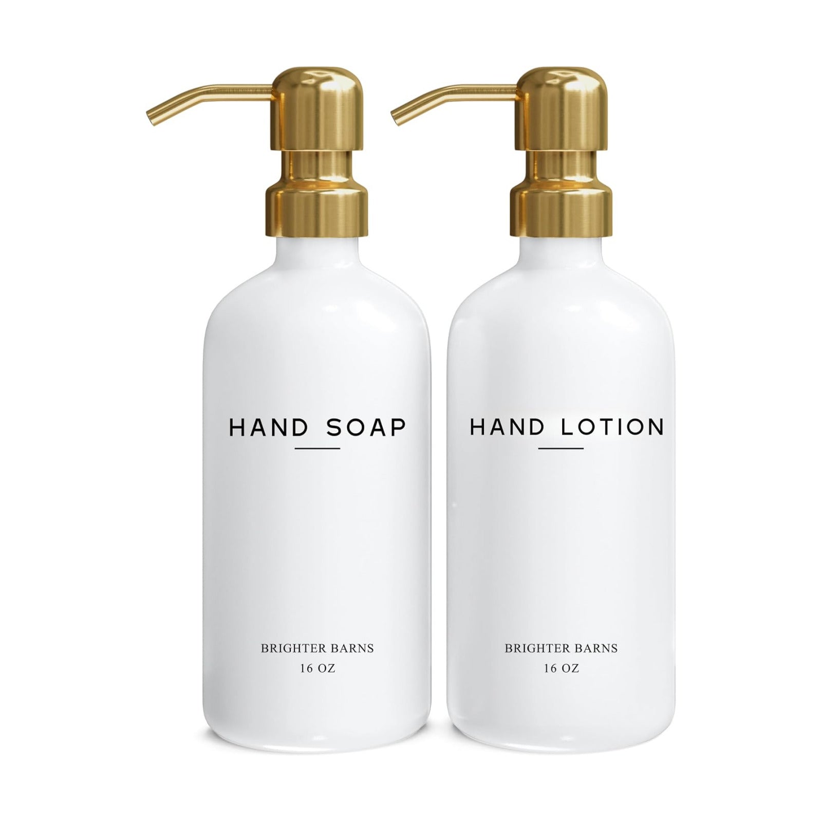 Luxury Glass Soap and Lotion Dispenser Set by Brighter Barns - Liquid Soap Dispenser Bathroom Set - White and Gold