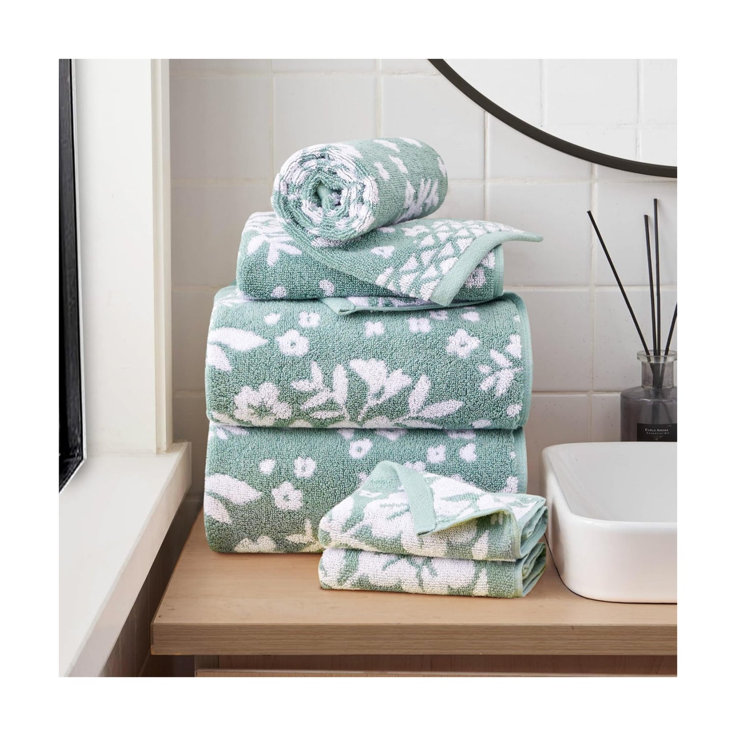 Lucky Brand Folk Floral 6 Piece Bath Towel Set - (2) Bath Towels, (2) Hand Towels, and (2) Washcloths - Iceberg Green