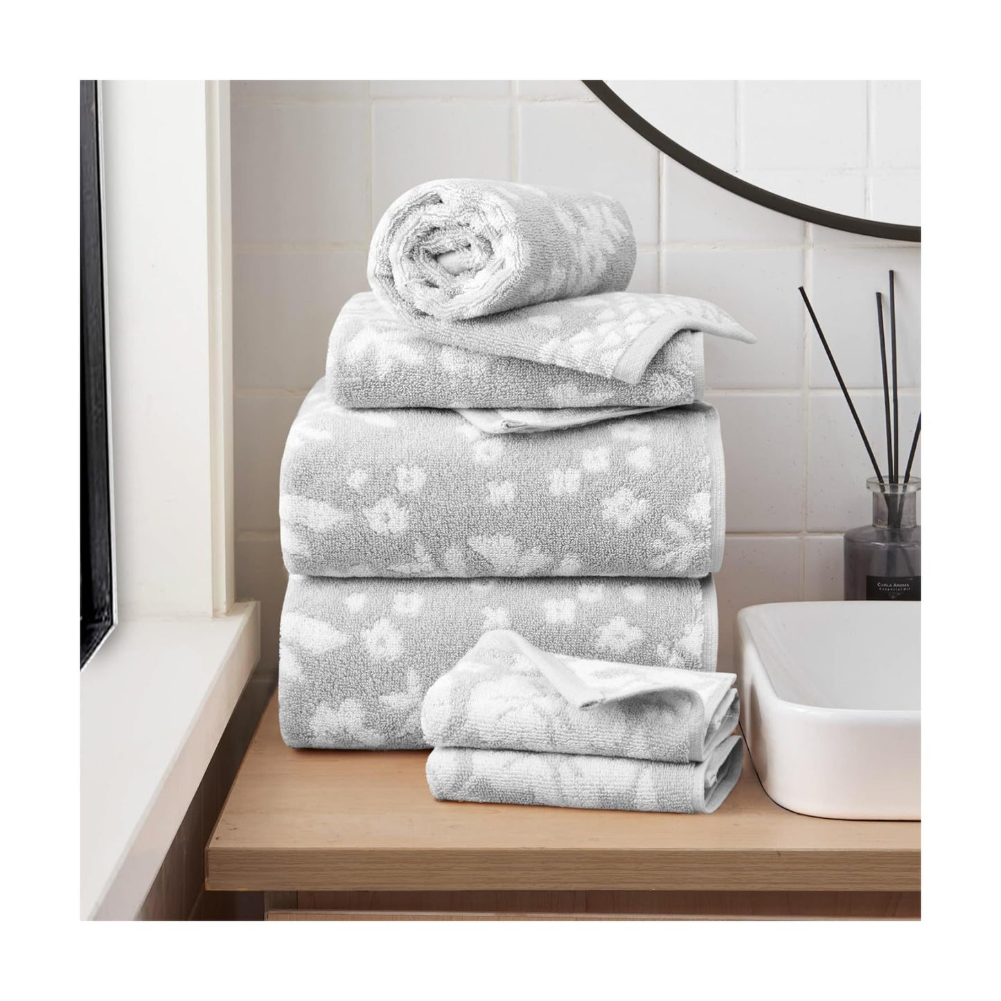 Lucky Brand Folk Floral 6 Piece Bath Towel Set - (2) Bath Towels, (2) Hand Towels, and (2) Washcloths - Glacier Grey