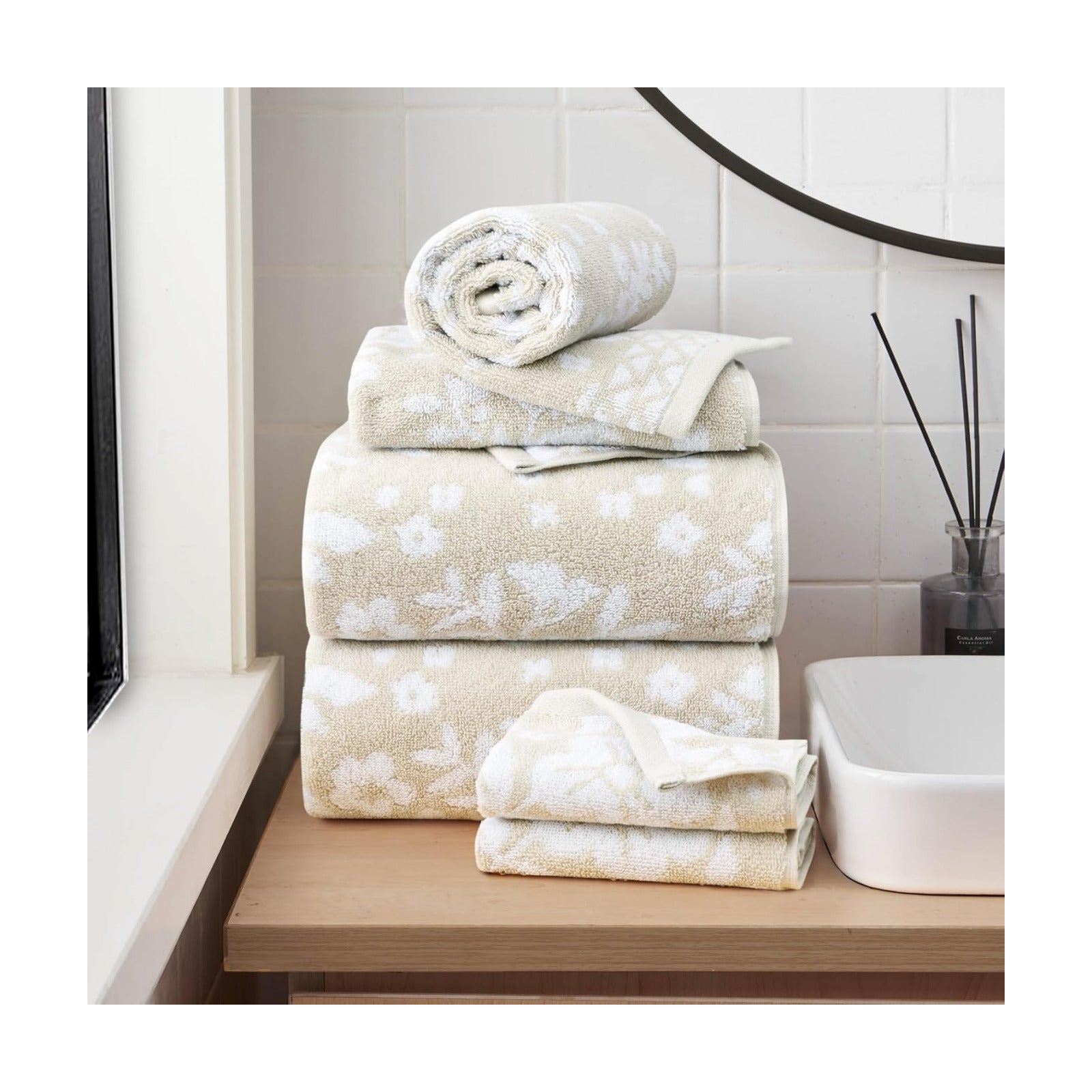 Lucky Brand Folk Floral 6 Piece Bath Towel Set - (2) Bath Towels, (2) Hand Towels, and (2) Washcloths - Beige Taupe