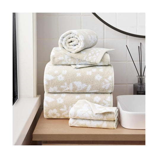 Lucky Brand Folk Floral 6 Piece Bath Towel Set - (2) Bath Towels, (2) Hand Towels, and (2) Washcloths - Beige Taupe