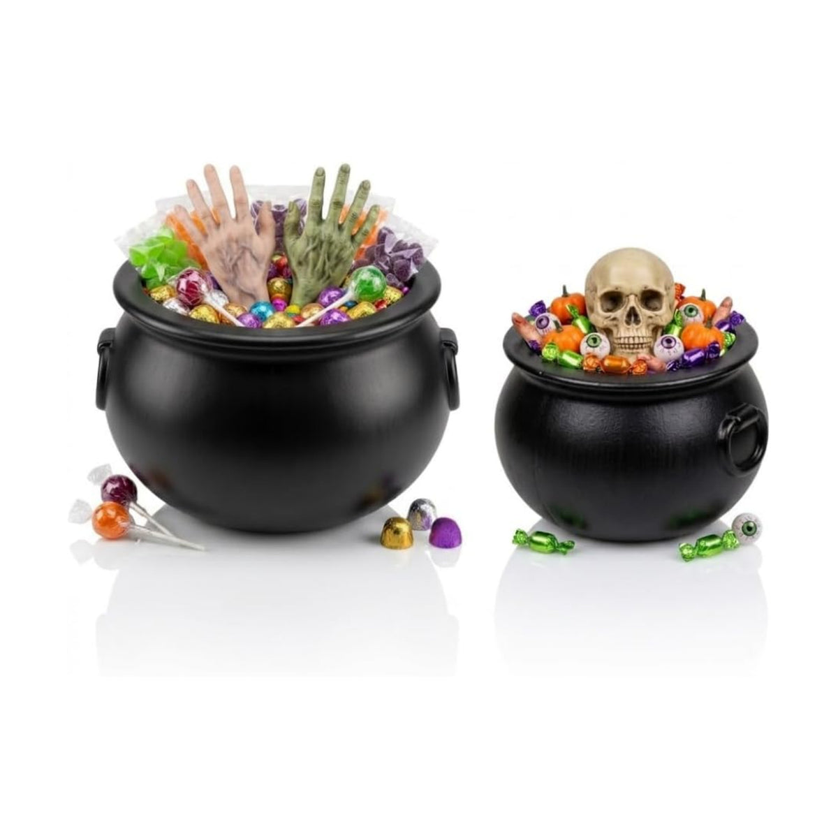 PMU Halloween Cauldron 2pc- 12", 10" Witch Plastic Cauldron bowl Black, For Halloween Decor