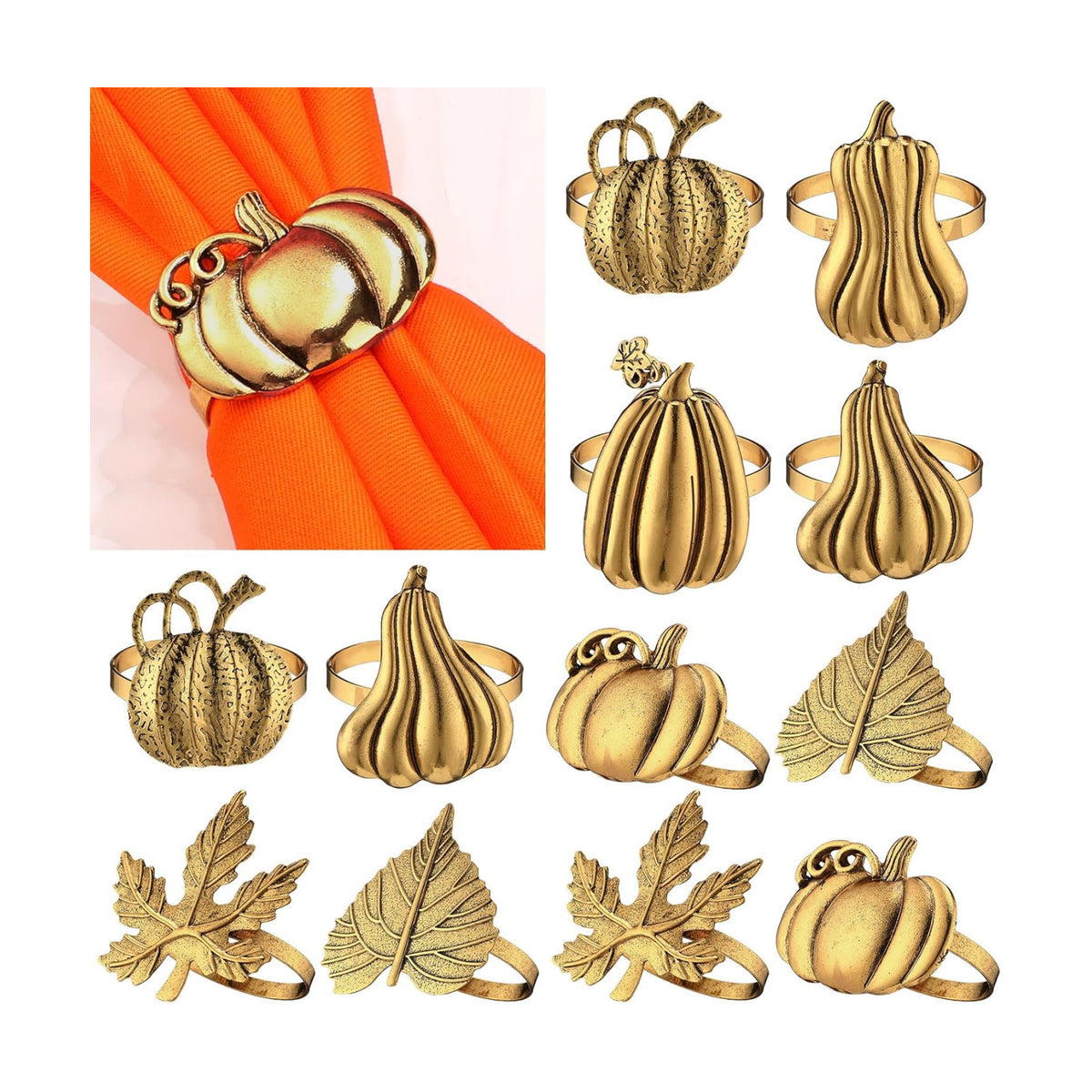WILLBOND 12 Pcs Thanksgiving Napkin Rings Set Fall Pumpkin Leaf Holders
