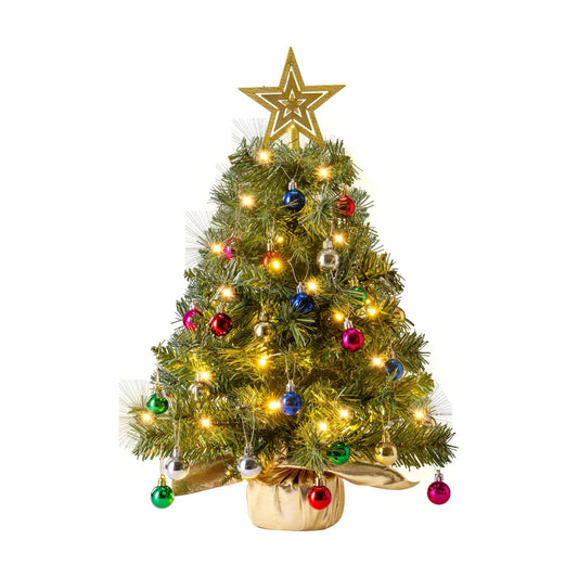 JOIEDOMI 24"/2FT Small Tabletop Christmas Tree with Lights with Star Treetop and Hanging Ornaments, Pre-lit Artificial Christmas Green LED Mini Tabletop Tree for Xmas Decorations Indoor Outdoor
