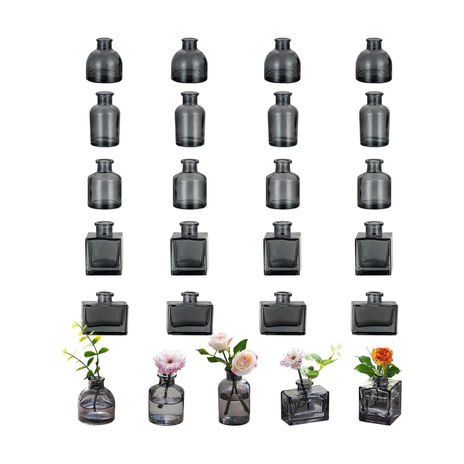 Clear Small Flower Vase Tiny Glass Table Centerpieces Modern / Black Grey / Set of 20