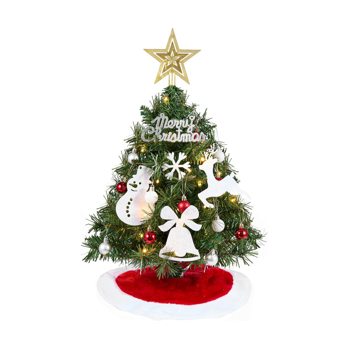 JOIEDOMI 24"/2FT Small Christmas Tree with Lights, Table Top Christmas Decor with Tree Skirt, Star Treetop and Ornaments, Battery Operated Pre-lit Artificial Xmas Tabletop for Xmas Decorations Indoor