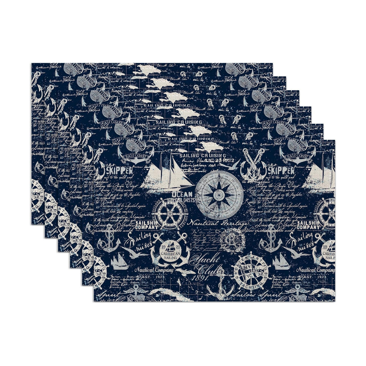 Nautical Navy Blue Placemats Set of 6,Washable Heat Resistant 12×18 Inch Linen Table Mats Caribbean Sailing Place Mats for Party Outdoor Dining Décor