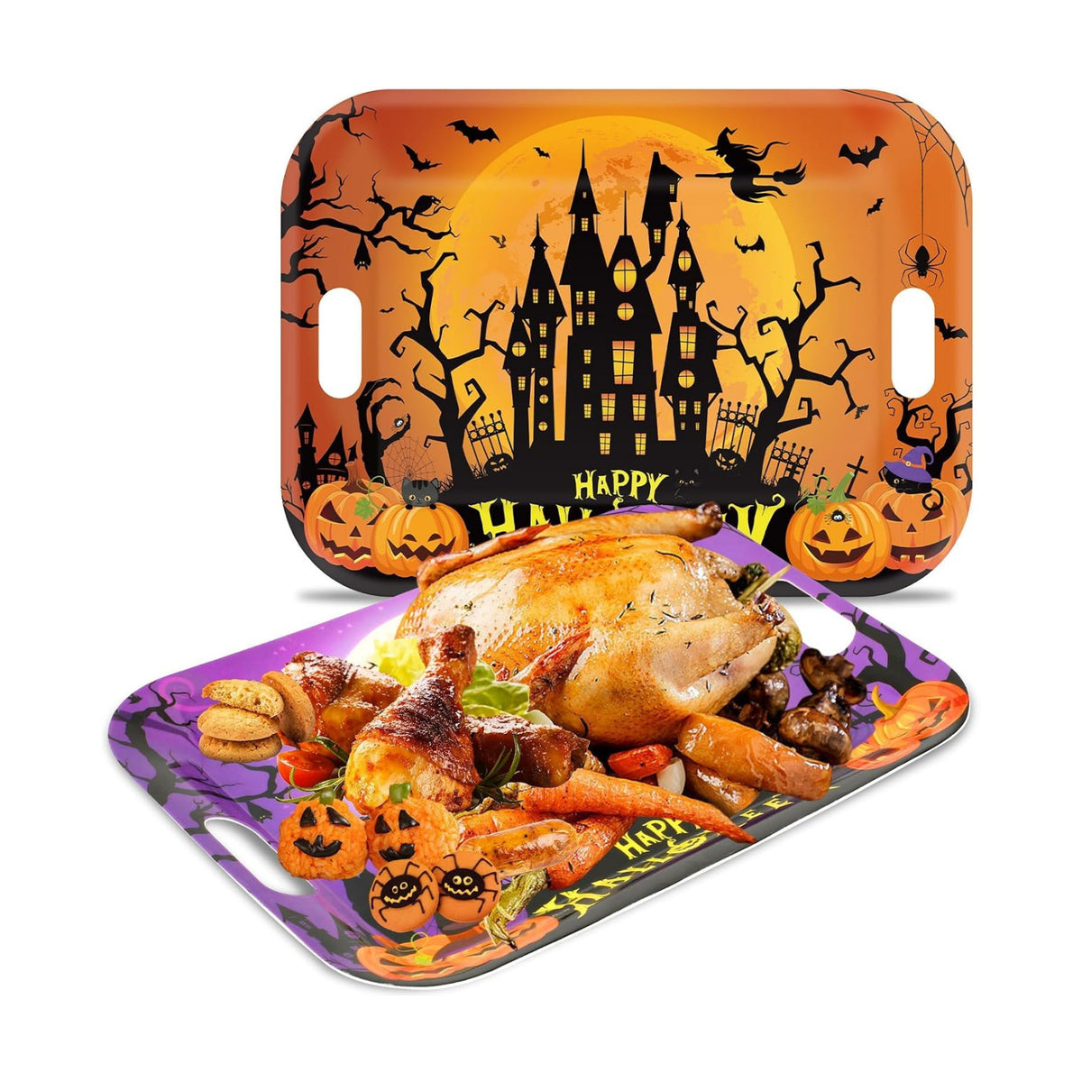 gisgfim 2Pcs Halloween Serving Trays 16.1 X 11.1 Inch Large Melamine Platters with Handles, Orange Purple Castle Pumpkin Bat Food Trays Halloween Movie Night Snack Trays Birthday Party Serving Dishes