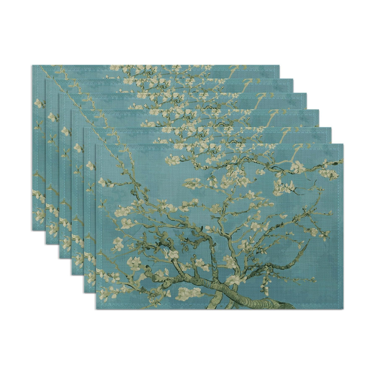 Almond Tree in Blossom Placemats Set of 6,Washable Heat Resistant 12×18 Inch Linen Table Mats Art Place Mats for Party Outdoor Dining Décor