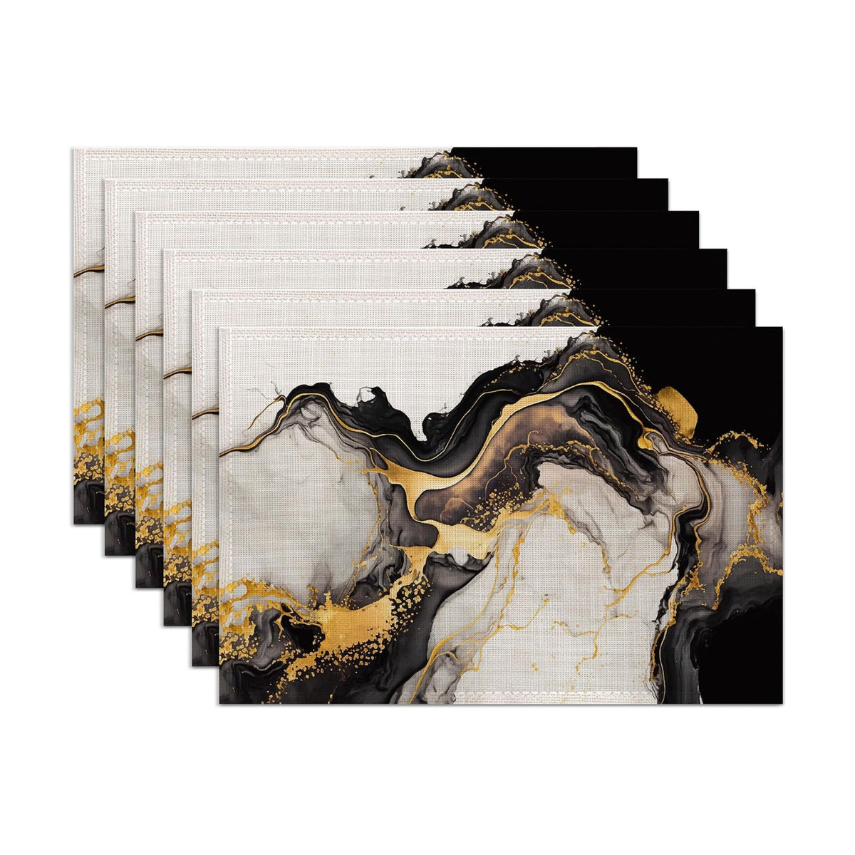 White Black Placemats Set of 6,Washable Heat Resistant 12×18 Inch Linen Table Mats Golden Marble Place Mats for Party Outdoor Dining Décor