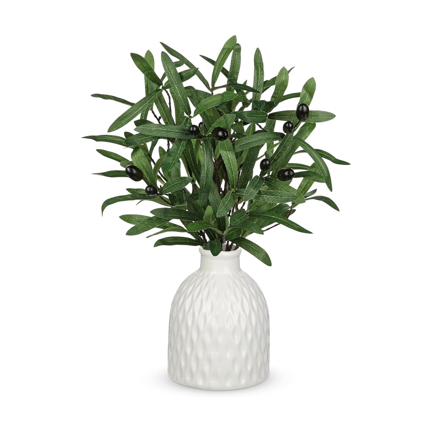 Artificial Olive Branches in Rustic Ceramic Vase 16.9" Faux Olive Greenery Stems Fake Potted / White