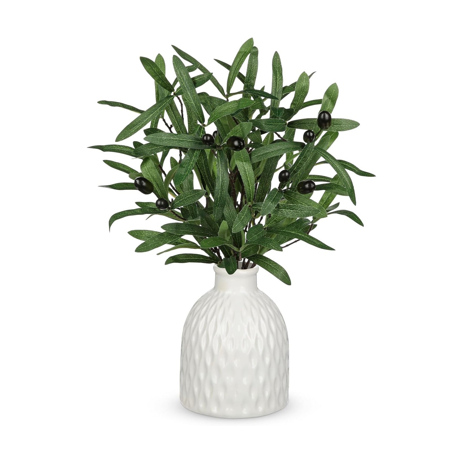 Artificial Olive Branches in Rustic Ceramic Vase 16.9" Faux Olive Greenery Stems Fake Potted / White
