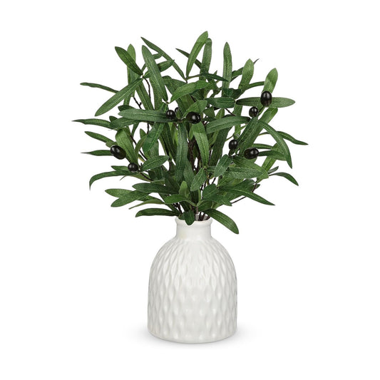 Artificial Olive Branches in Rustic Ceramic Vase 16.9" Faux Olive Greenery Stems Fake Potted / White