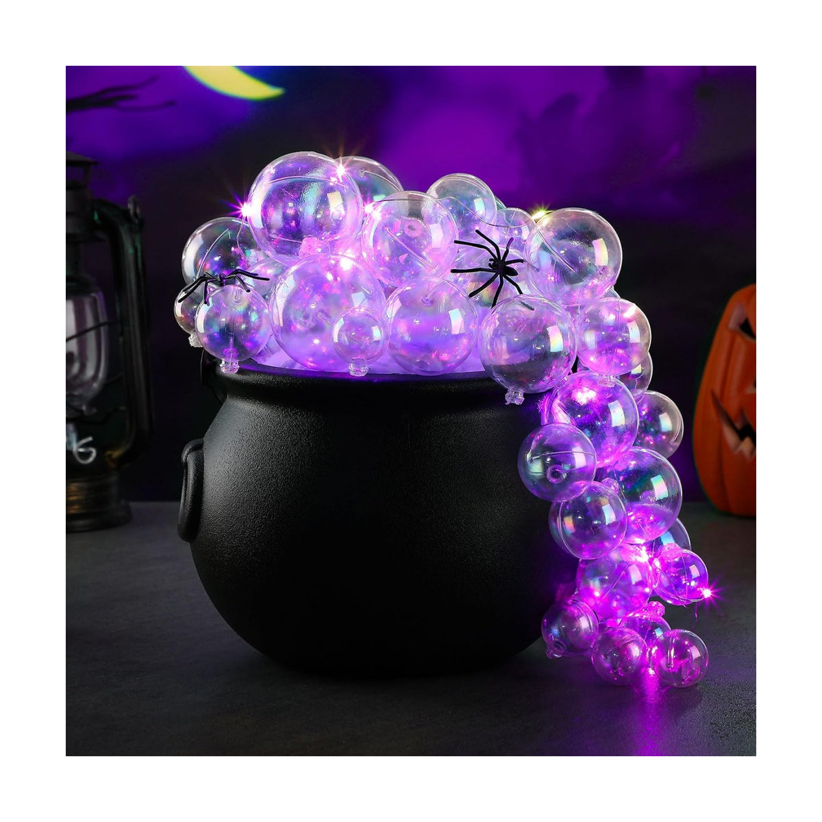 Jenaai 96 Pcs Halloween Bubbling Cauldron Set with 40 Ball Ornaments 2 Lights String 20 g Spider Webs 2 Fake Spider 50 Adhesive Points for Party (Purple, Pink)