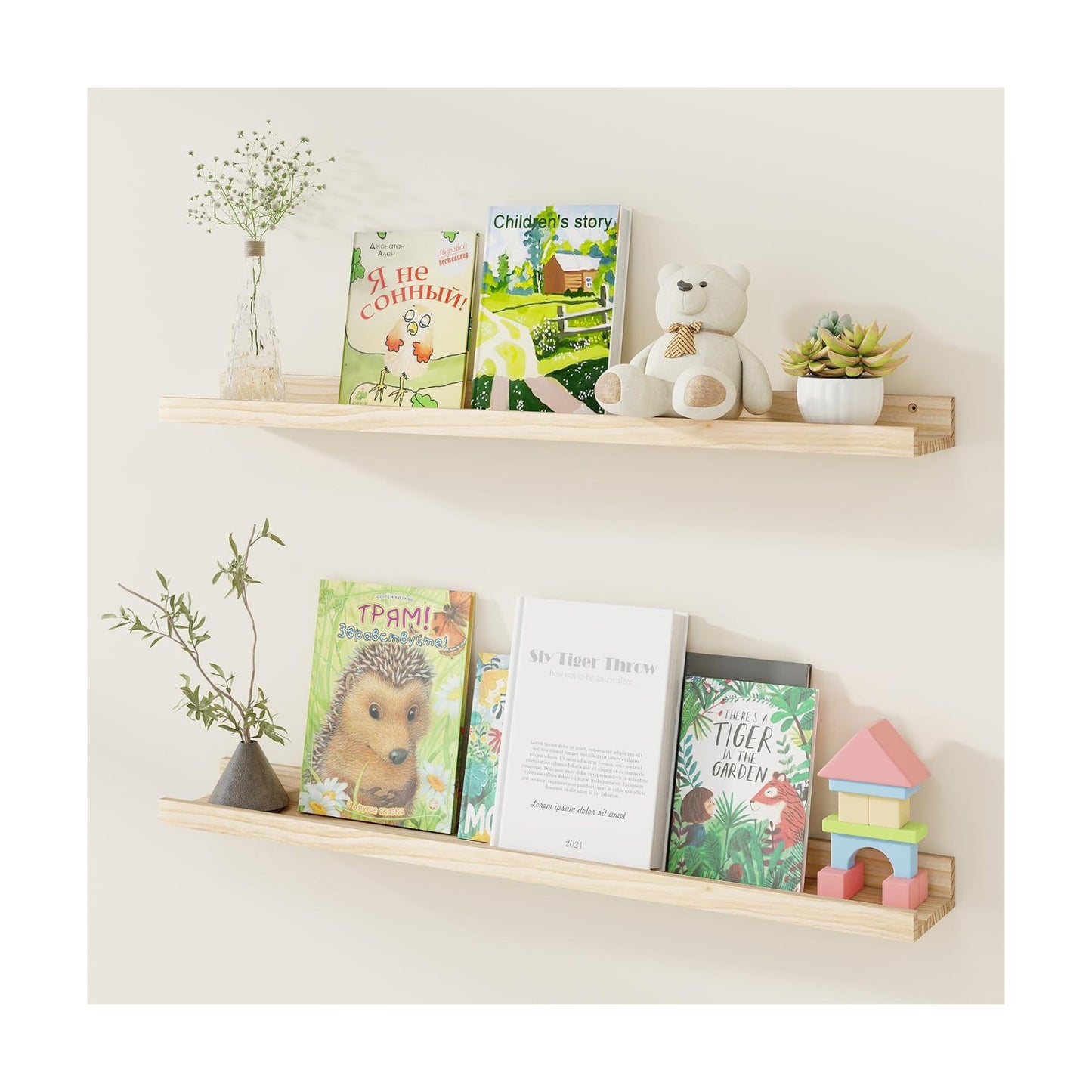 Fun Memories Picture Ledge Shelf, Pine Wood Floating Shelves Set of 2, 36 inch Nursery Book Shelves, Photo Ledge Book