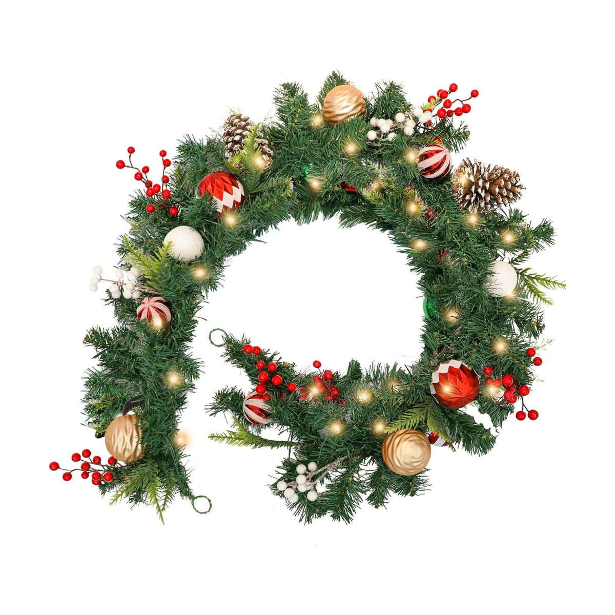 MUMTOP Christmas Garlands Decoration, 6 FT Battery Operated Christmas Garland with LED Light and Pine Cones Red Berries Candy Christmas Ball for Front Door Fireplace Mantel Table Window Home Decor